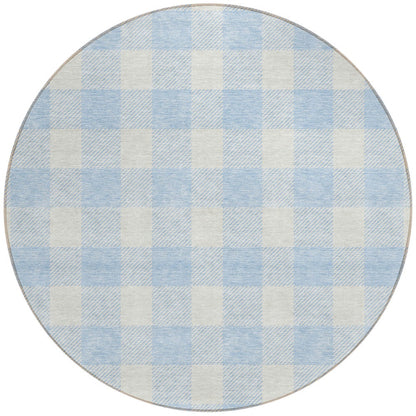 Tabselect Home Line 8' Sky Blue And Gray Round Plaid Washable Indoor Outdoor Area Rug