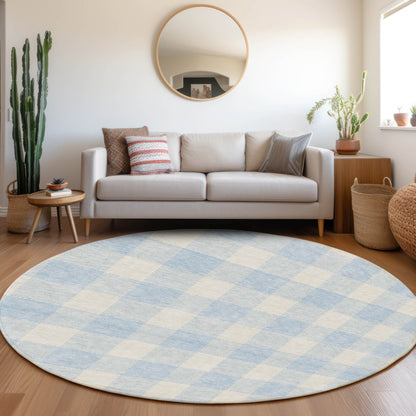 Tabselect Home Line 8' Sky Blue And Gray Round Plaid Washable Indoor Outdoor Area Rug