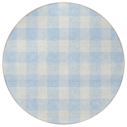 Tabselect Home Line 8' Sky Blue And Gray Round Plaid Washable Indoor Outdoor Area Rug