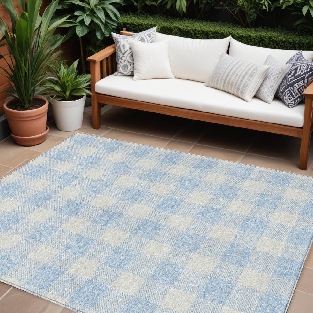 Tabselect Home Line 8' X 10' Sky Blue And Gray Plaid Washable Indoor Outdoor Area Rug