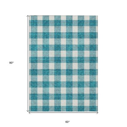 Tabselect Home Line 5' X 8' Teal Blue And Gray Plaid Washable Indoor Outdoor Area Rug