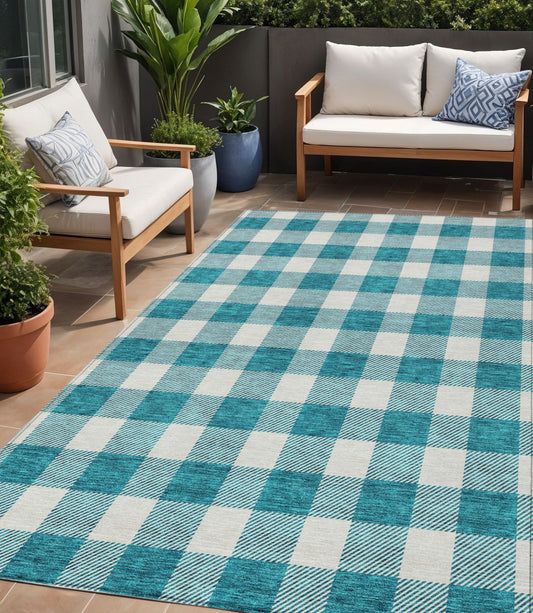Tabselect Home Line 5' X 8' Teal Blue And Gray Plaid Washable Indoor Outdoor Area Rug