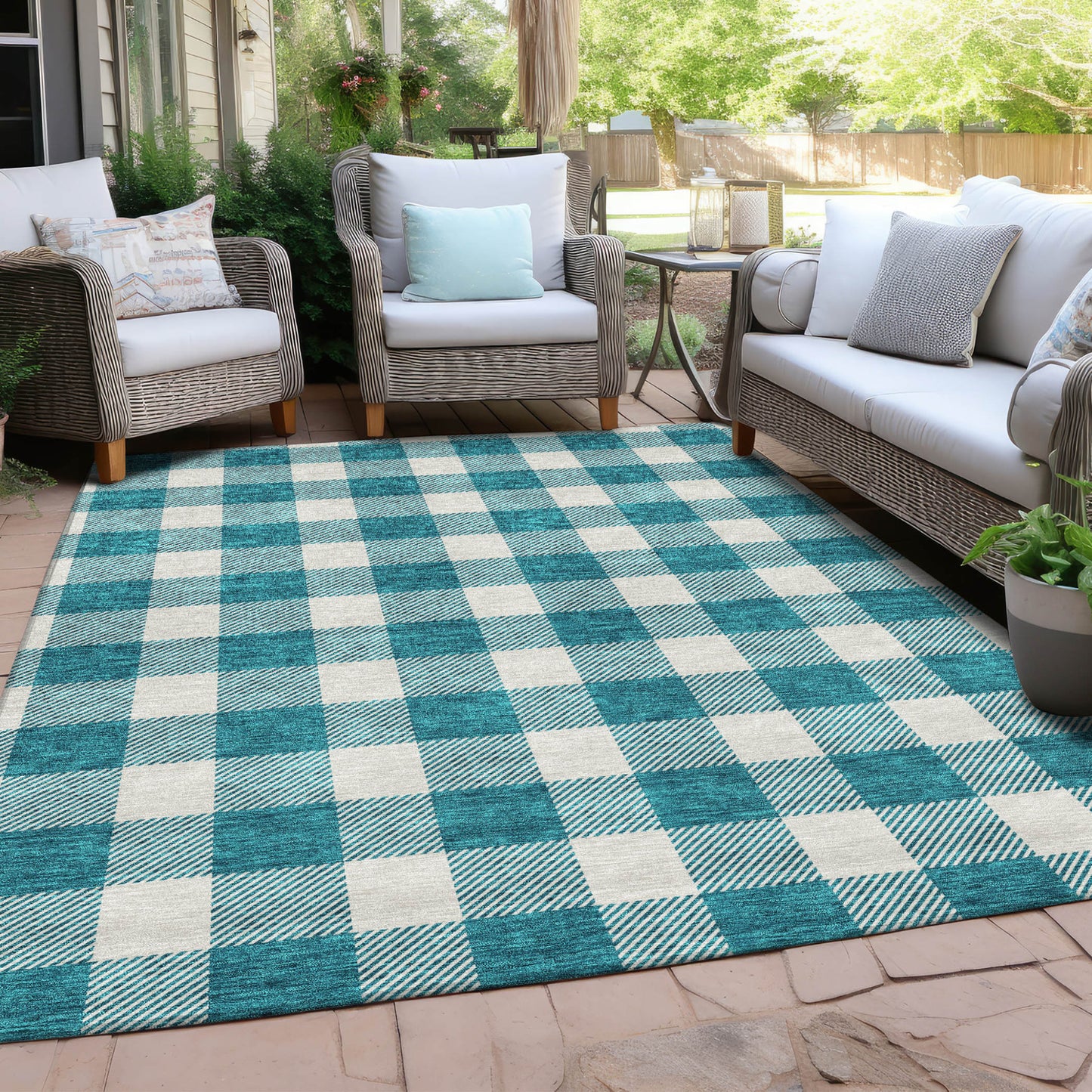 Tabselect Home Line 5' X 8' Teal Blue And Gray Plaid Washable Indoor Outdoor Area Rug