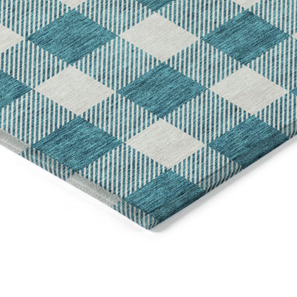 Tabselect Home Line 5' X 8' Teal Blue And Gray Plaid Washable Indoor Outdoor Area Rug