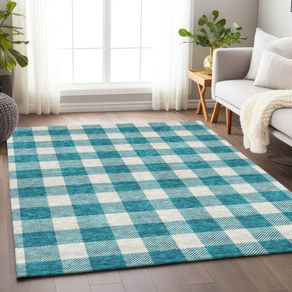 Tabselect Home Line 5' X 8' Teal Blue And Gray Plaid Washable Indoor Outdoor Area Rug