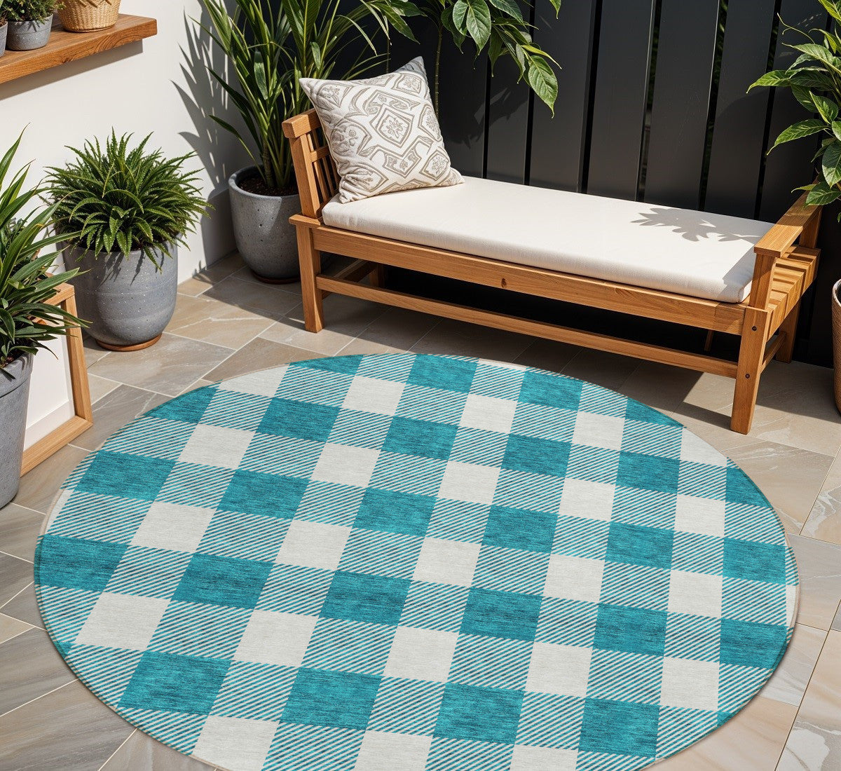 Tabselect Home Line 8' Teal Blue And Gray Round Plaid Washable Indoor Outdoor Area Rug