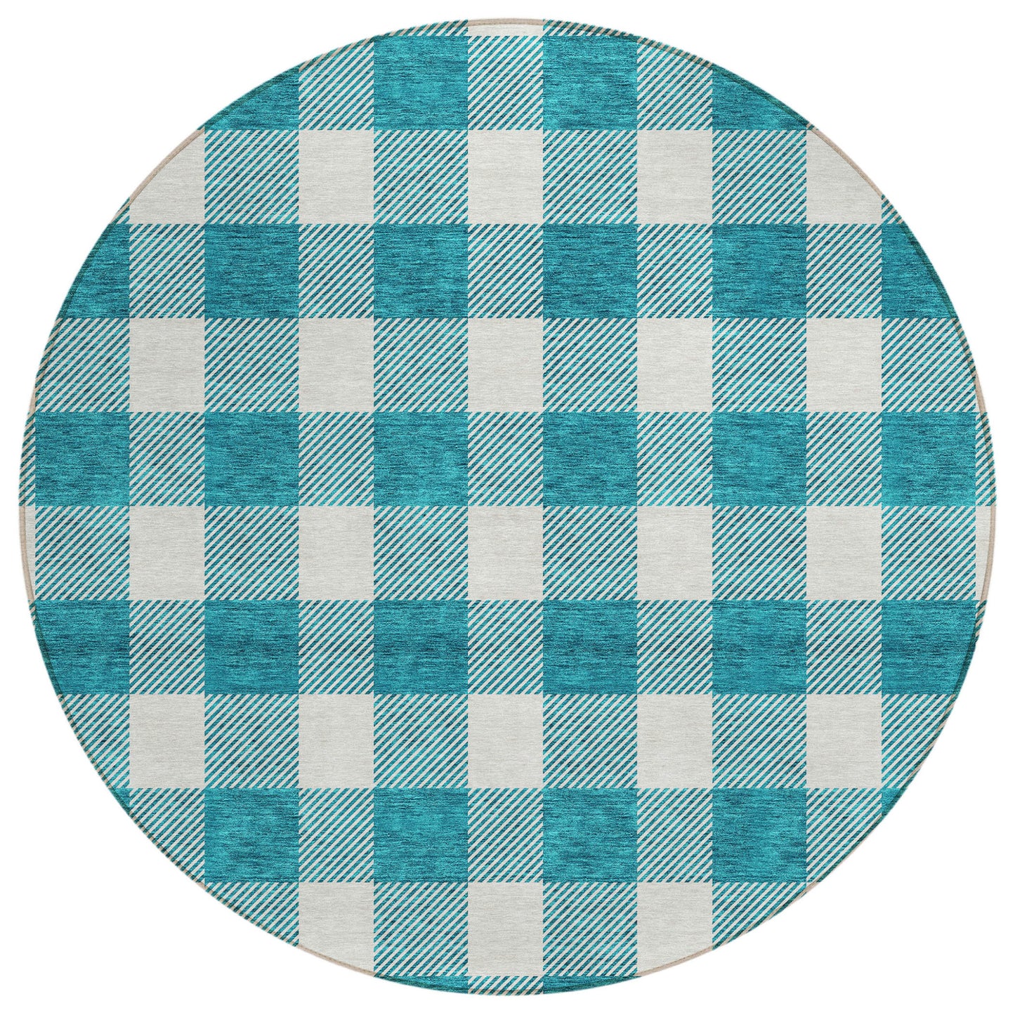Tabselect Home Line 8' Teal Blue And Gray Round Plaid Washable Indoor Outdoor Area Rug