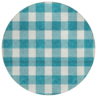 Tabselect Home Line 8' Teal Blue And Gray Round Plaid Washable Indoor Outdoor Area Rug