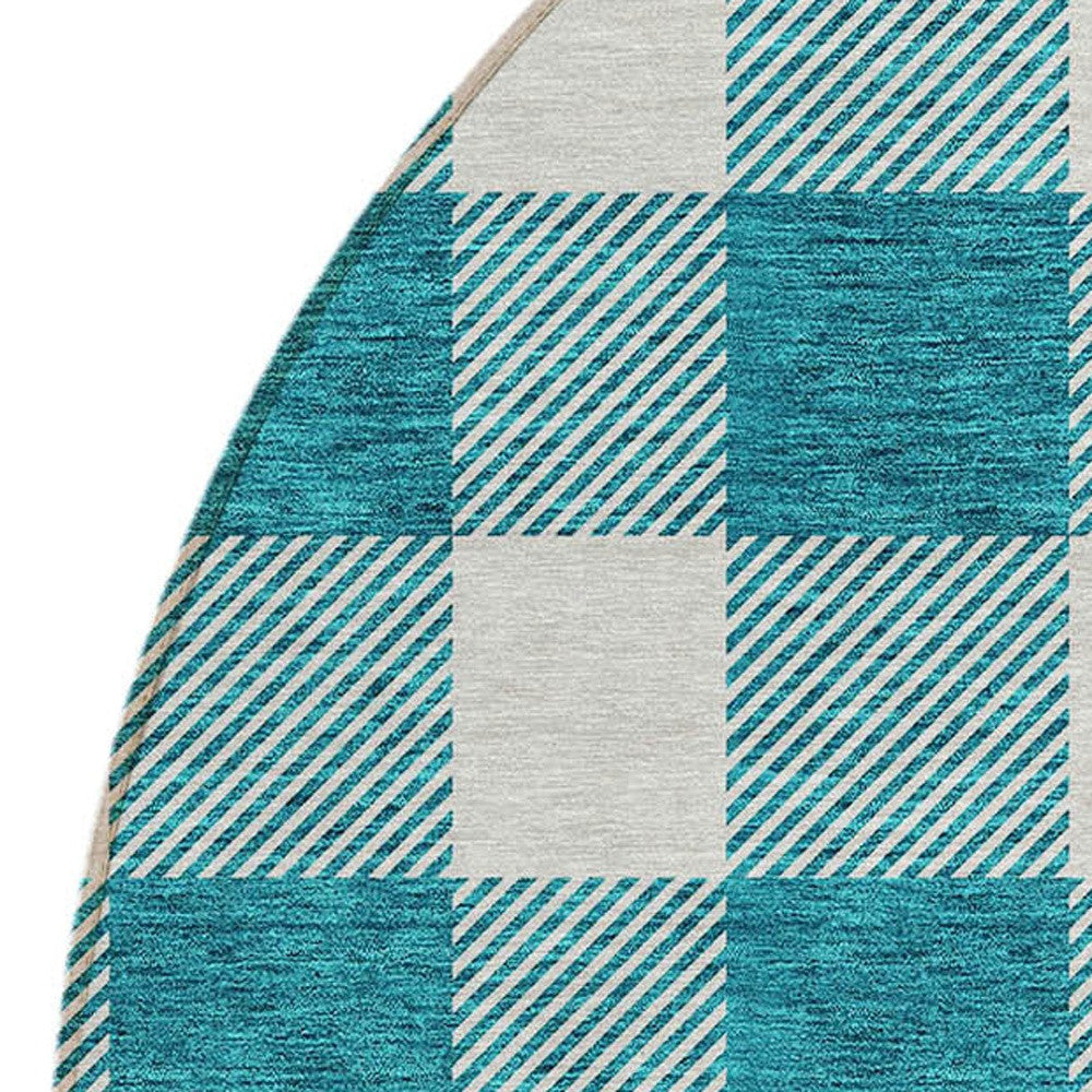 Tabselect Home Line 8' Teal Blue And Gray Round Plaid Washable Indoor Outdoor Area Rug
