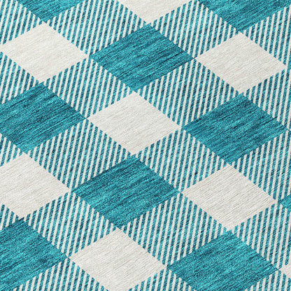 Tabselect Home Line 8' Teal Blue And Gray Round Plaid Washable Indoor Outdoor Area Rug