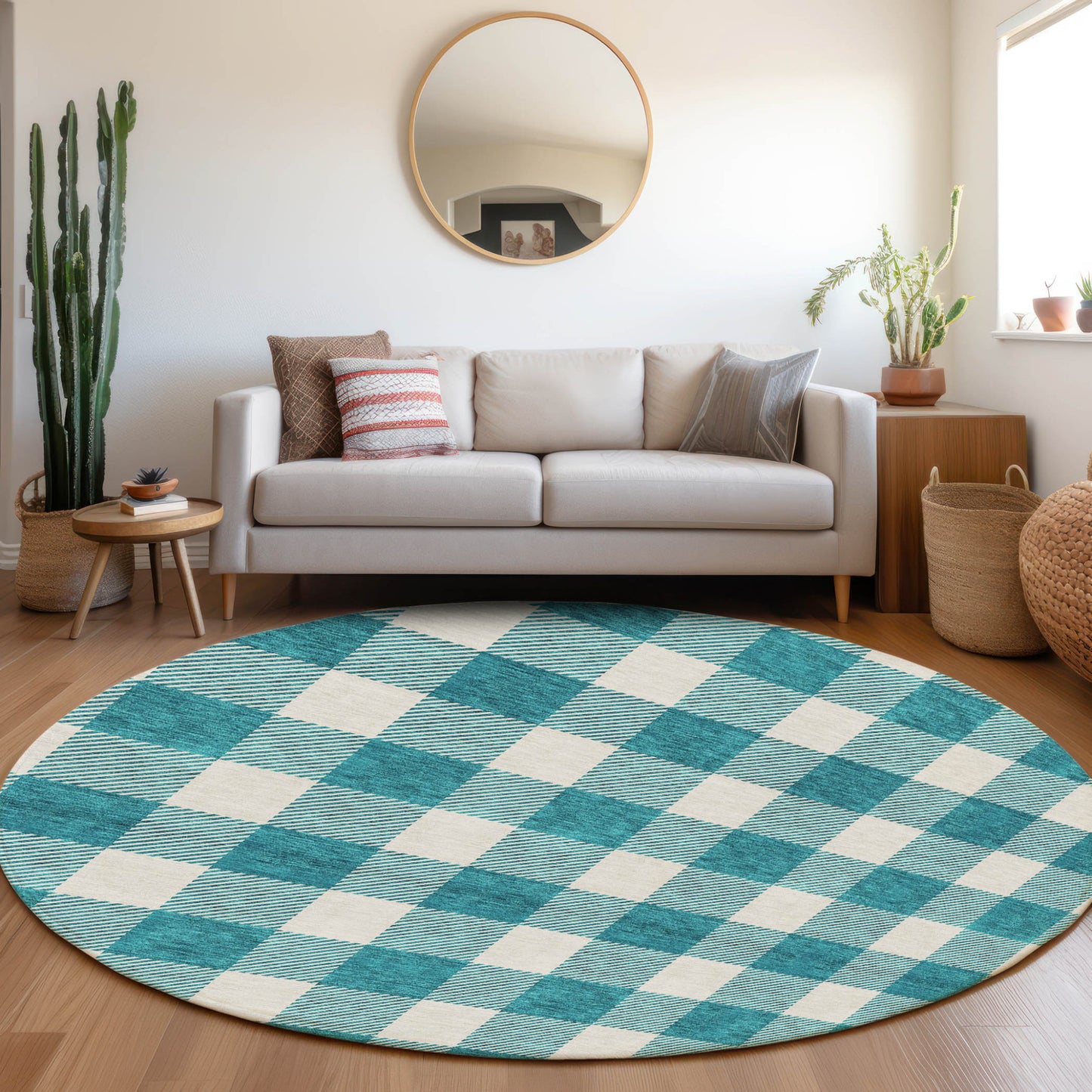 Tabselect Home Line 8' Teal Blue And Gray Round Plaid Washable Indoor Outdoor Area Rug