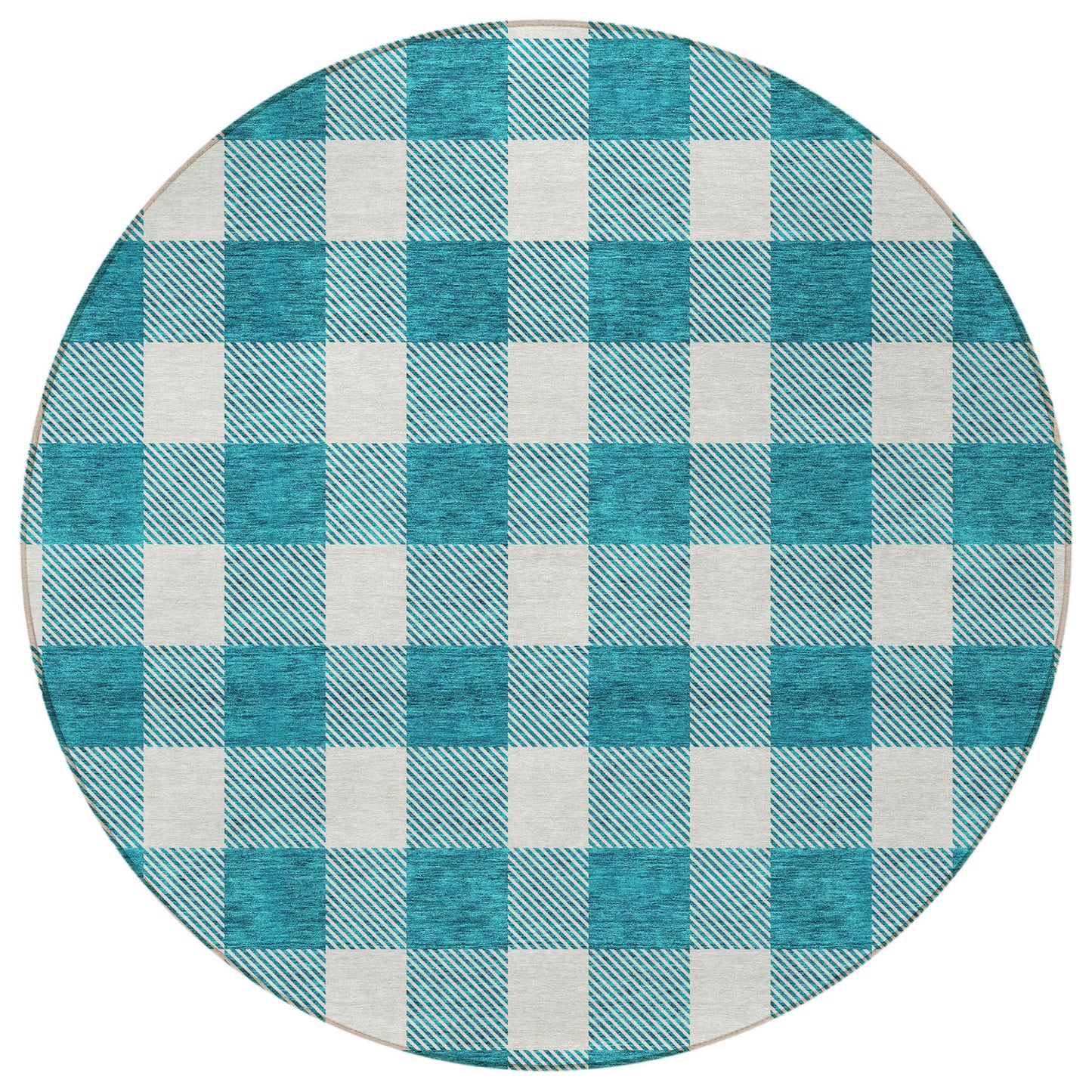 Tabselect Home Line 8' Teal Blue And Gray Round Plaid Washable Indoor Outdoor Area Rug