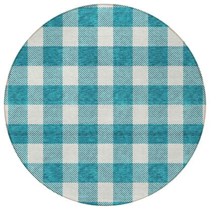 Tabselect Home Line 8' Teal Blue And Gray Round Plaid Washable Indoor Outdoor Area Rug