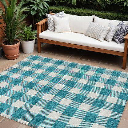 Tabselect Home Line 8' X 10' Teal Blue And Gray Plaid Washable Indoor Outdoor Area Rug