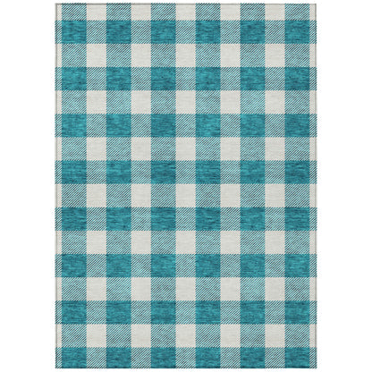 Tabselect Home Line 8' X 10' Teal Blue And Gray Plaid Washable Indoor Outdoor Area Rug