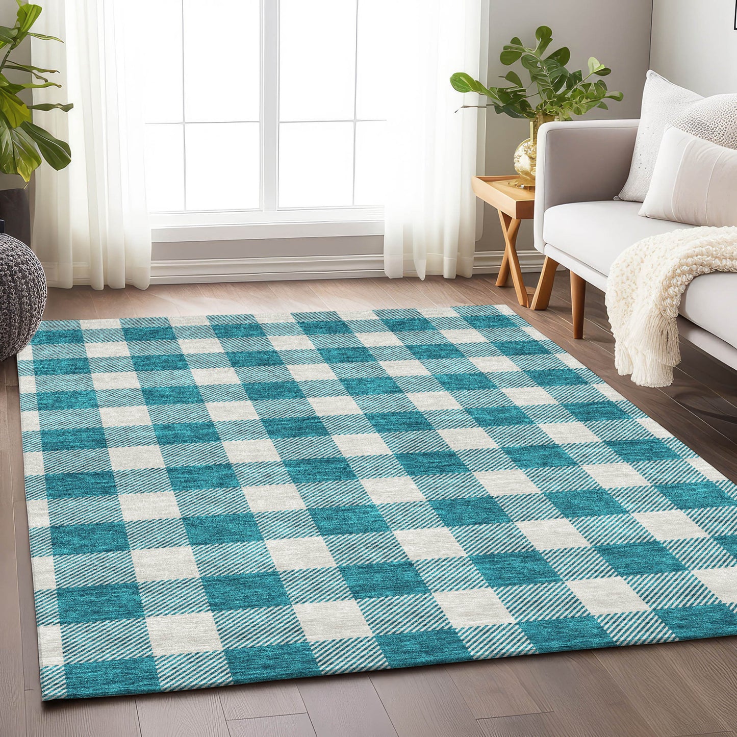 Tabselect Home Line 8' X 10' Teal Blue And Gray Plaid Washable Indoor Outdoor Area Rug