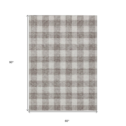Tabselect Home Line 5' X 8' Taupe And Gray Plaid Washable Indoor Outdoor Area Rug