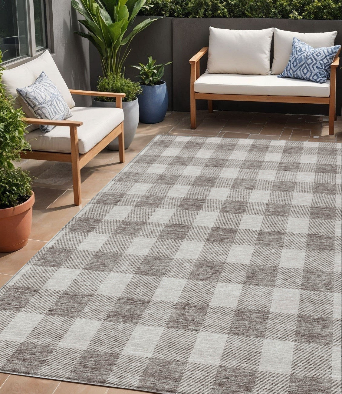 Tabselect Home Line 5' X 8' Taupe And Gray Plaid Washable Indoor Outdoor Area Rug