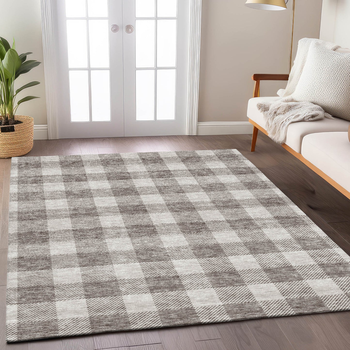 Tabselect Home Line 5' X 8' Taupe And Gray Plaid Washable Indoor Outdoor Area Rug