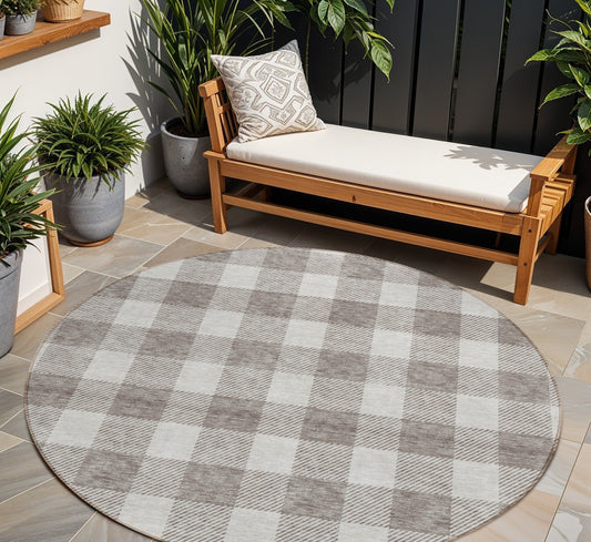 Tabselect Home Line 8' Taupe And Gray Round Plaid Washable Indoor Outdoor Area Rug