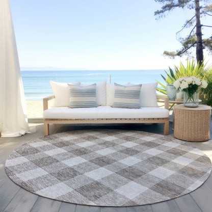 Tabselect Home Line 8' Taupe And Gray Round Plaid Washable Indoor Outdoor Area Rug