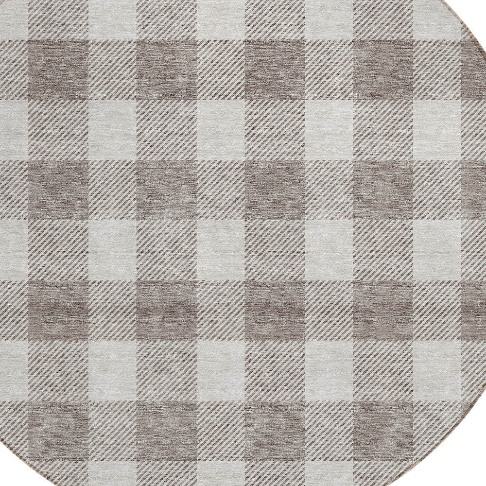 Tabselect Home Line 8' Taupe And Gray Round Plaid Washable Indoor Outdoor Area Rug