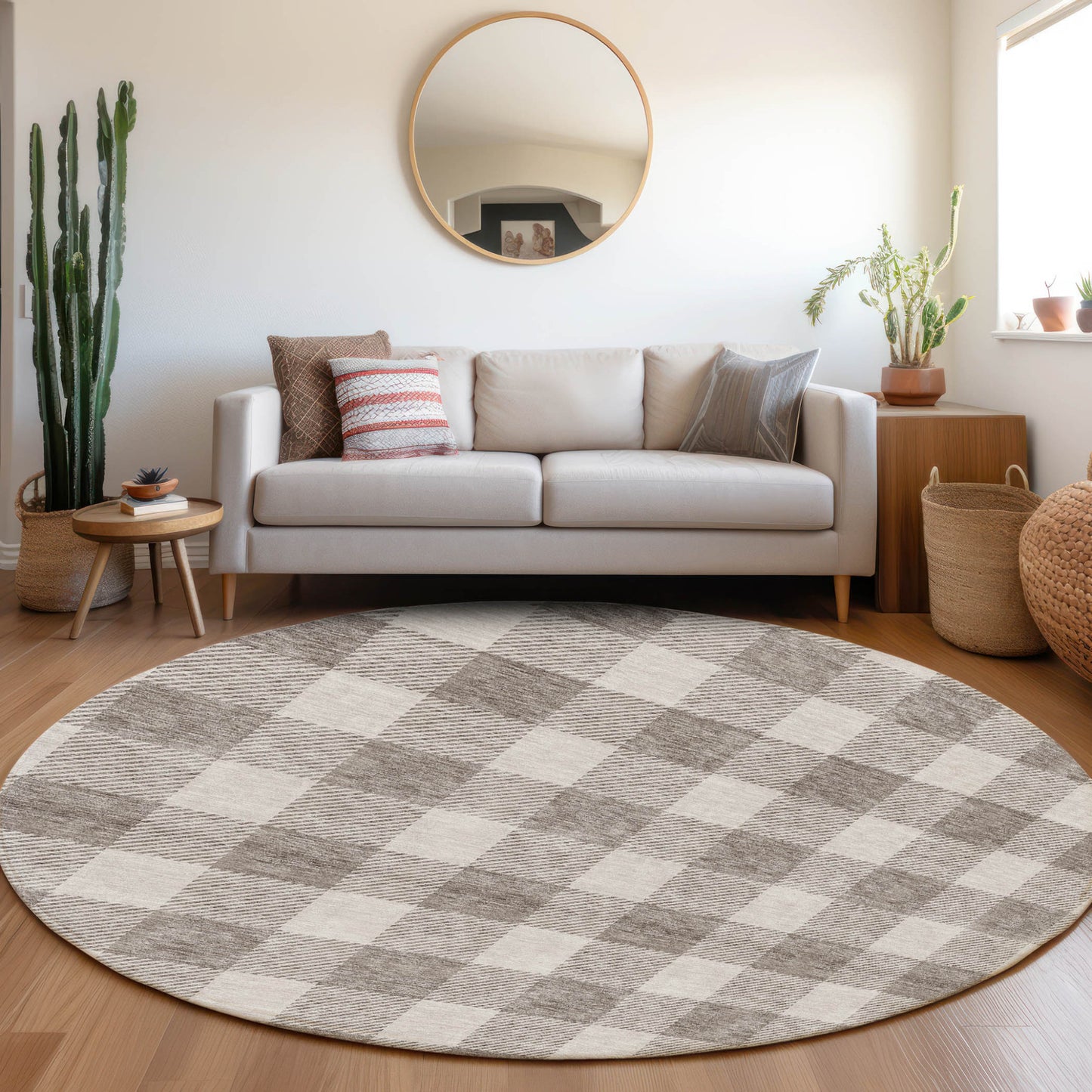 Tabselect Home Line 8' Taupe And Gray Round Plaid Washable Indoor Outdoor Area Rug