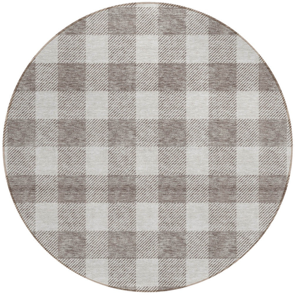 Tabselect Home Line 8' Taupe And Gray Round Plaid Washable Indoor Outdoor Area Rug
