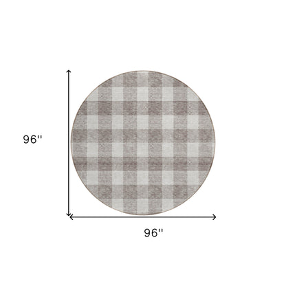 Tabselect Home Line 8' Taupe And Gray Round Plaid Washable Indoor Outdoor Area Rug