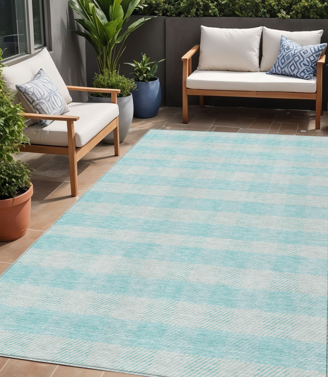 Tabselect Home Line 5' X 8' Aqua And Ivory Plaid Washable Indoor Outdoor Area Rug