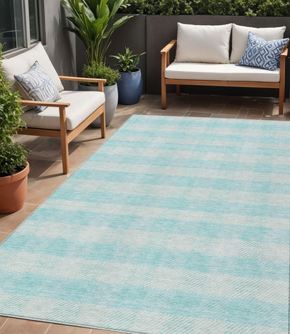 Tabselect Home Line 5' X 8' Aqua And Ivory Plaid Washable Indoor Outdoor Area Rug