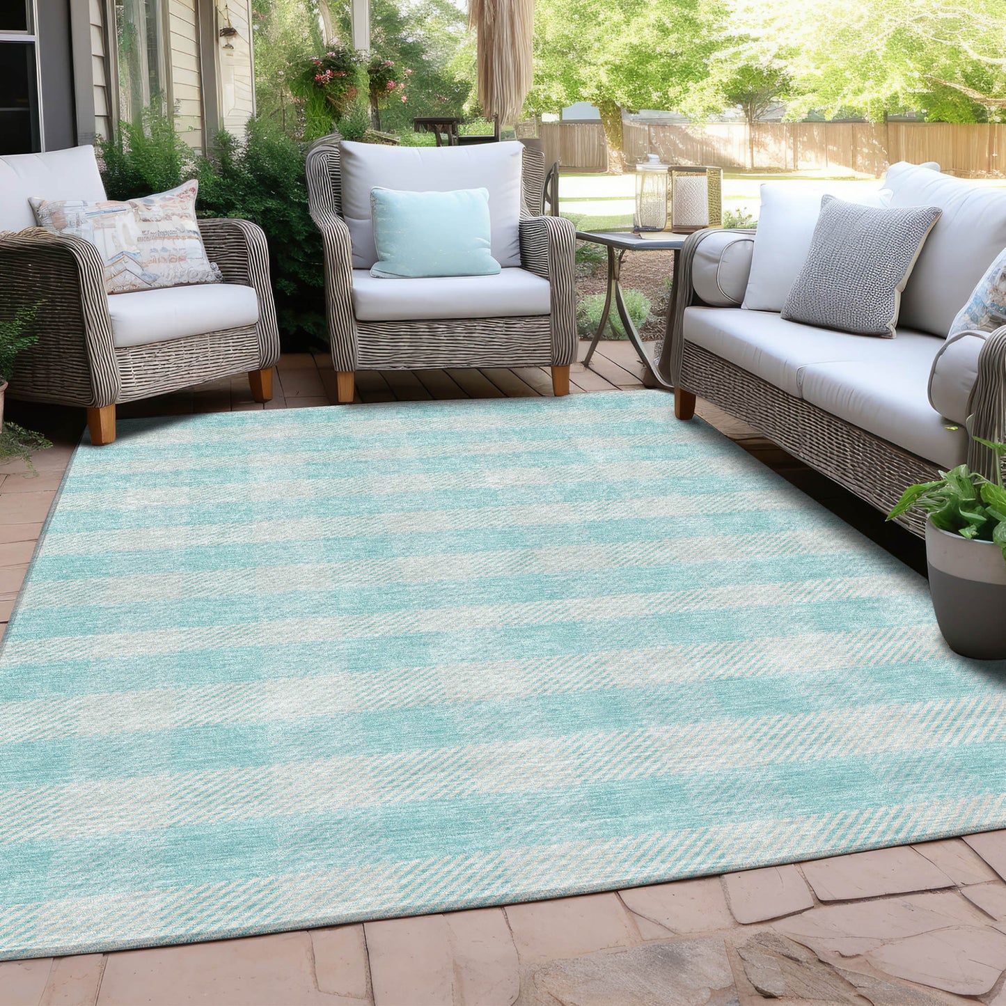 Tabselect Home Line 5' X 8' Aqua And Ivory Plaid Washable Indoor Outdoor Area Rug