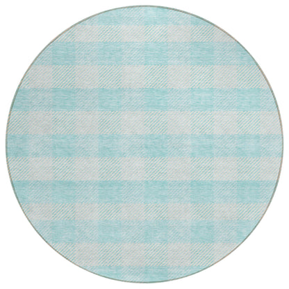 Tabselect Home Line 8' Aqua And Ivory Round Plaid Washable Indoor Outdoor Area Rug