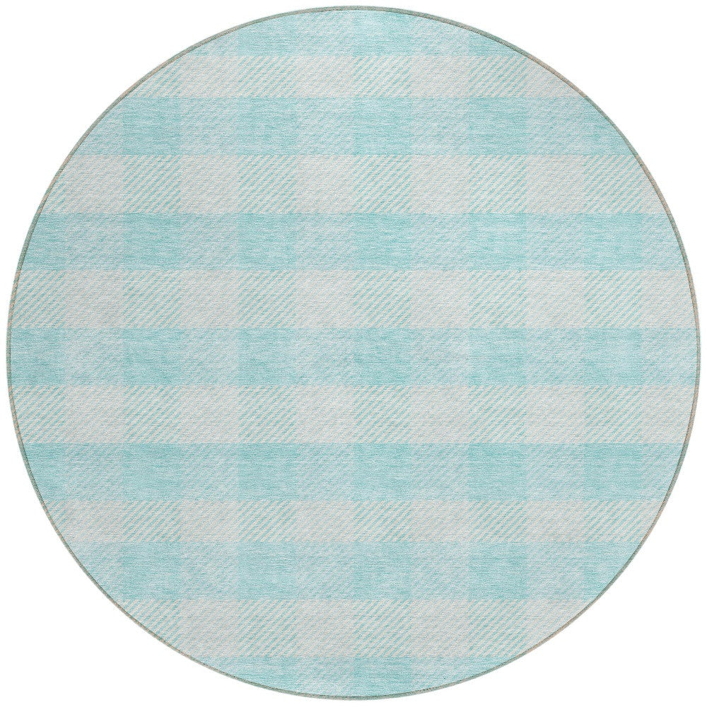 Tabselect Home Line 8' Aqua And Ivory Round Plaid Washable Indoor Outdoor Area Rug