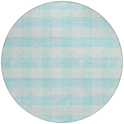Tabselect Home Line 8' Aqua And Ivory Round Plaid Washable Indoor Outdoor Area Rug