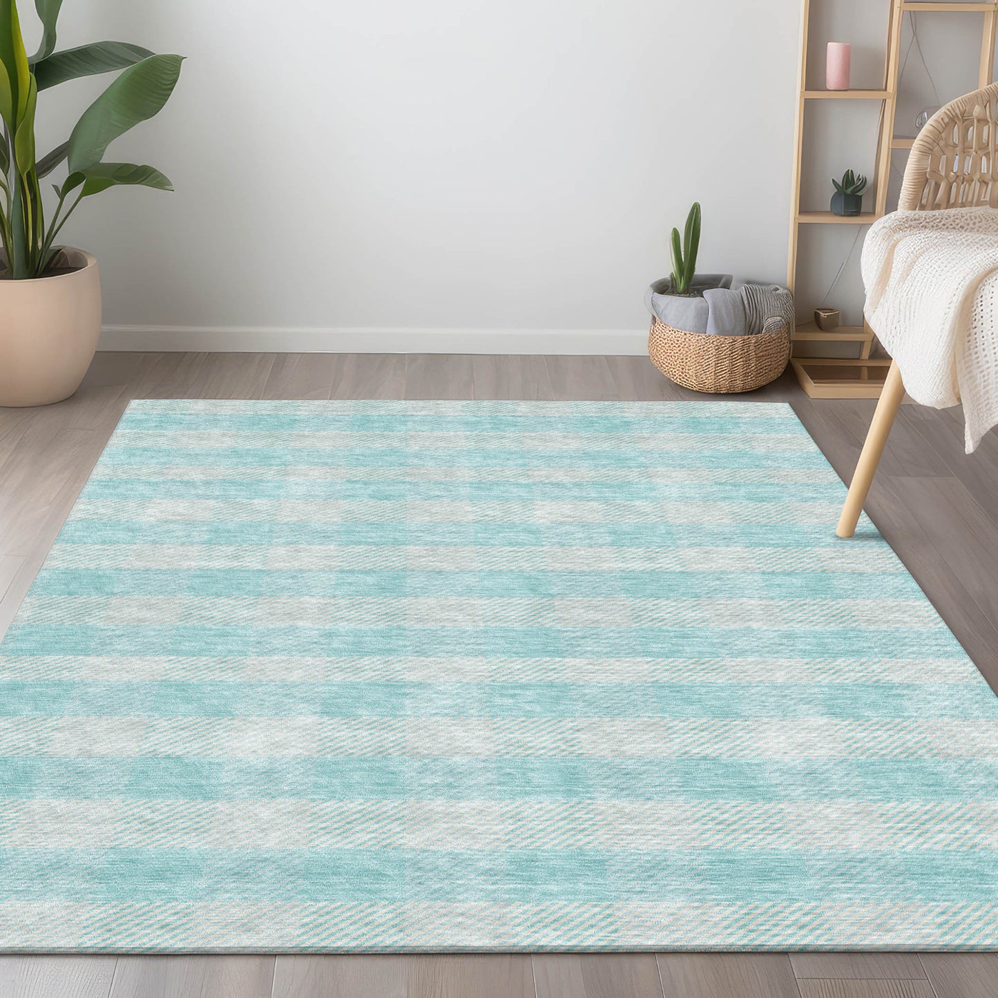 Tabselect Home Line 9' X 12' Aqua And Ivory Plaid Washable Indoor Outdoor Area Rug