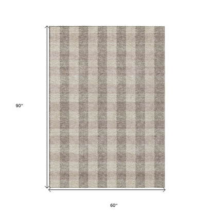 Tabselect Home Line 5' X 8' Beige And Brown Plaid Washable Indoor Outdoor Area Rug