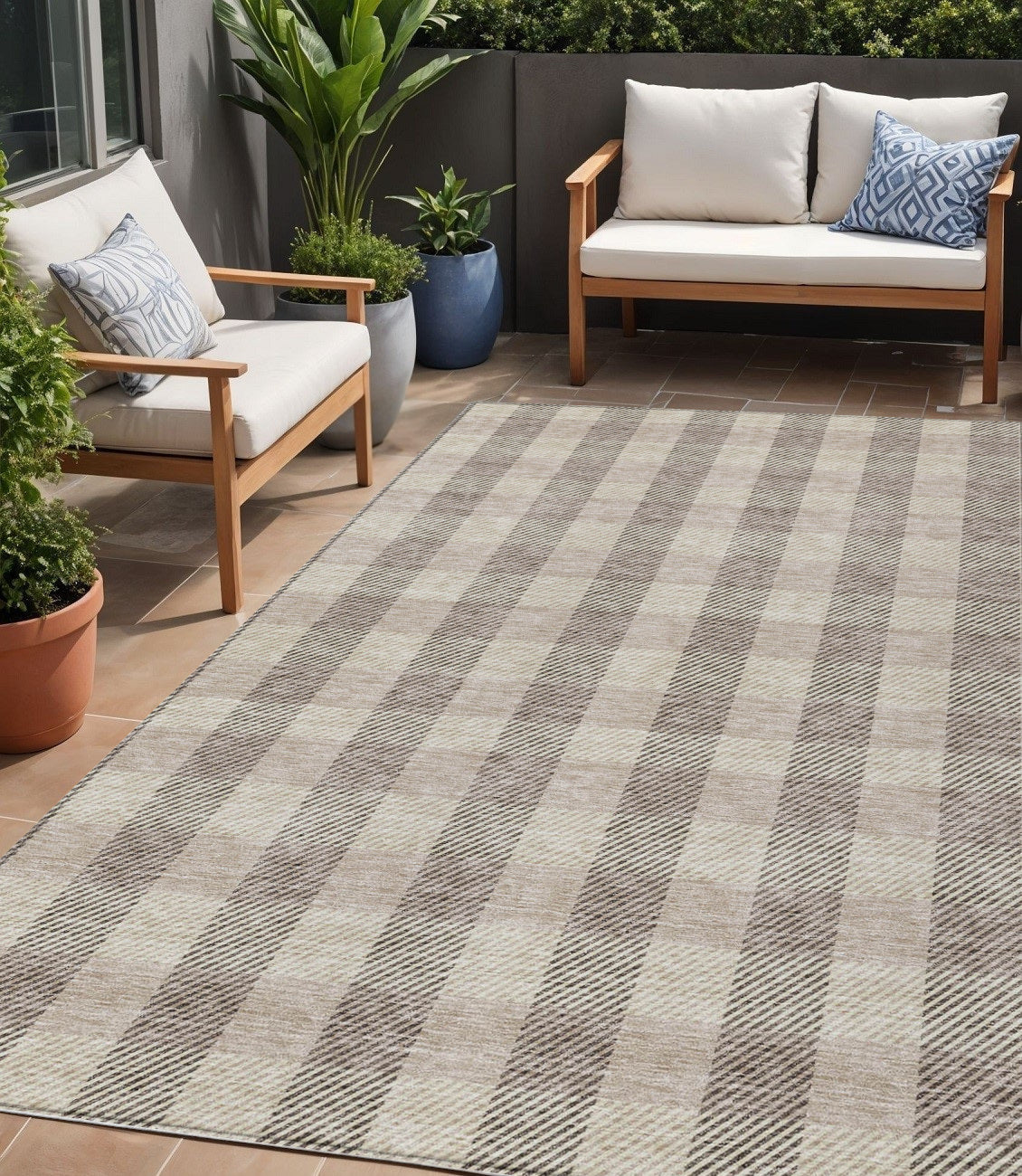 Tabselect Home Line 5' X 8' Beige And Brown Plaid Washable Indoor Outdoor Area Rug