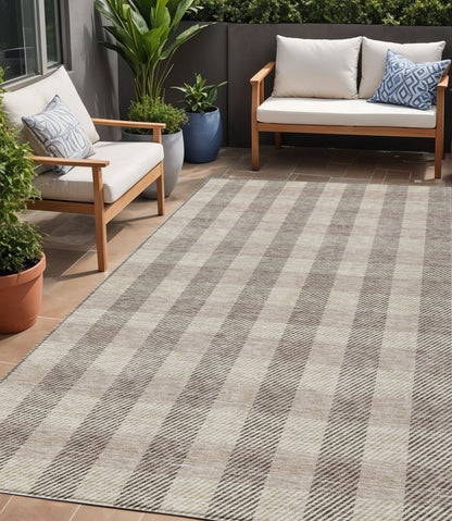Tabselect Home Line 5' X 8' Beige And Brown Plaid Washable Indoor Outdoor Area Rug