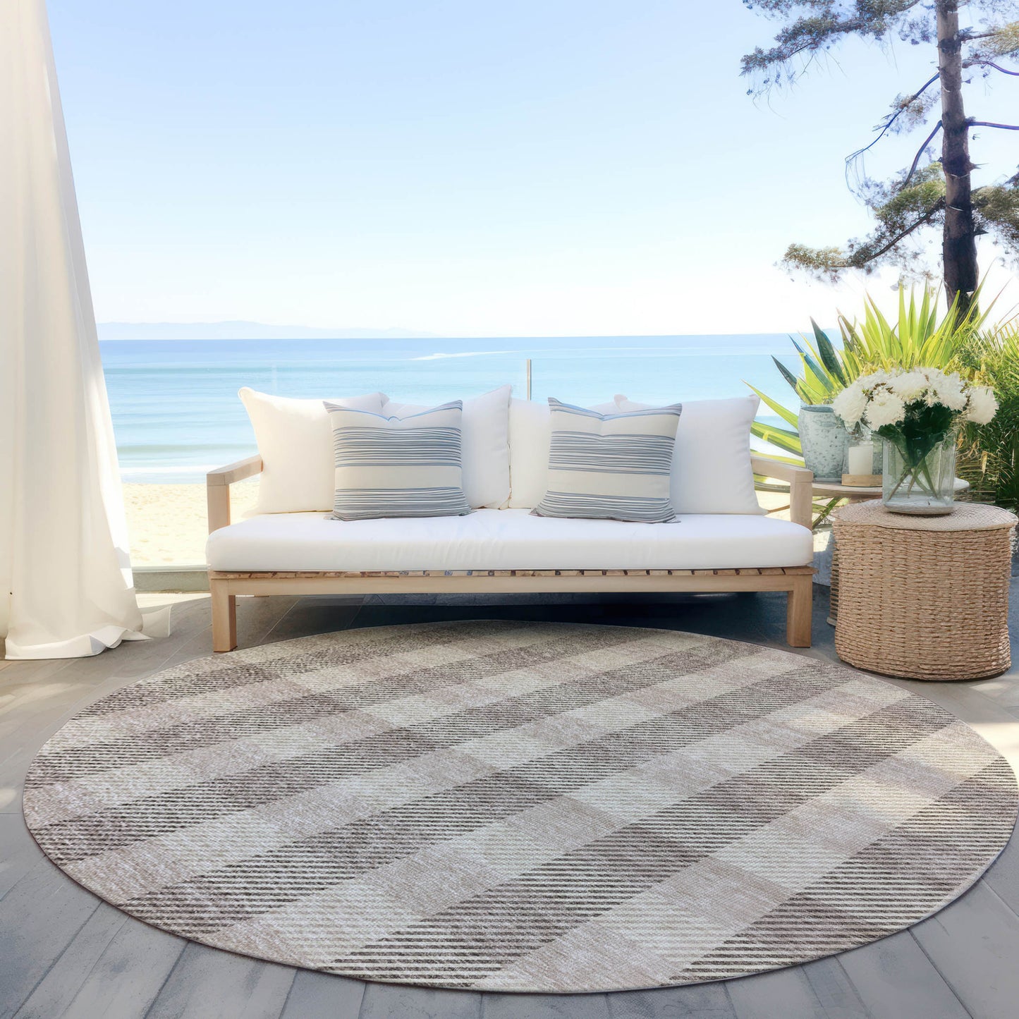 Tabselect Home Line 8' Beige And Brown Round Plaid Washable Indoor Outdoor Area Rug