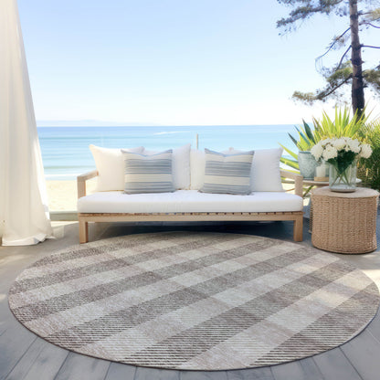 Tabselect Home Line 8' Beige And Brown Round Plaid Washable Indoor Outdoor Area Rug
