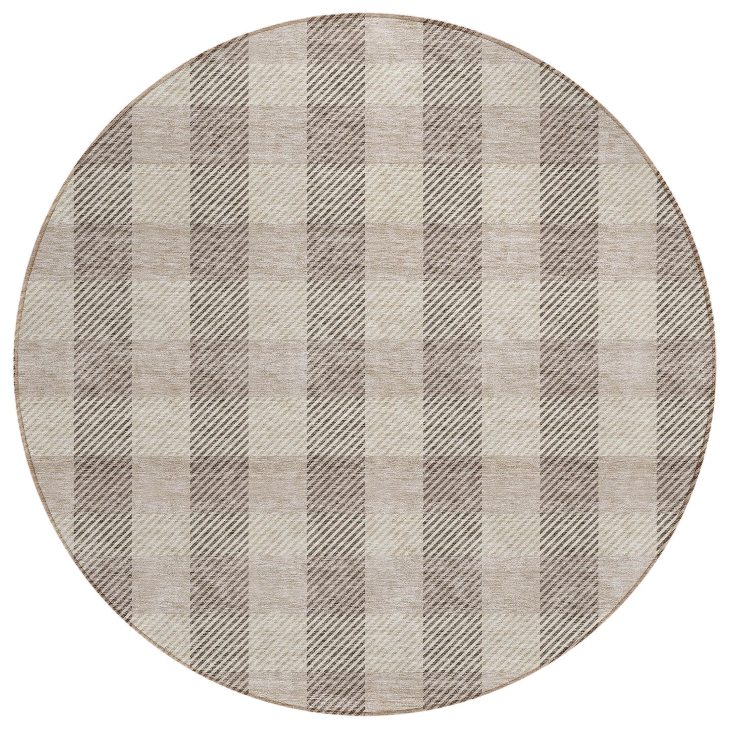 Tabselect Home Line 8' Beige And Brown Round Plaid Washable Indoor Outdoor Area Rug