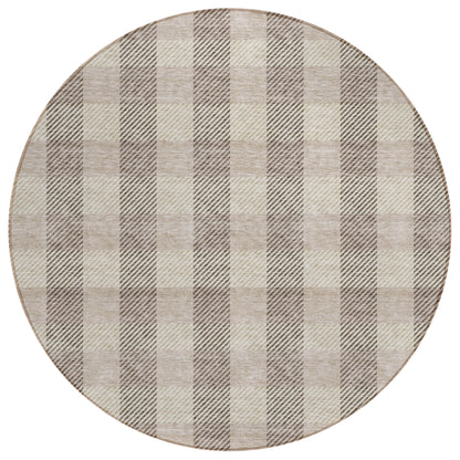 Tabselect Home Line 8' Beige And Brown Round Plaid Washable Indoor Outdoor Area Rug