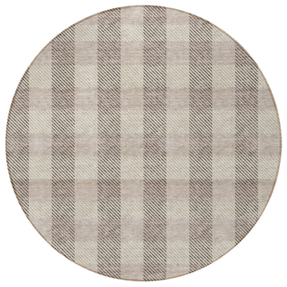 Tabselect Home Line 8' Beige And Brown Round Plaid Washable Indoor Outdoor Area Rug