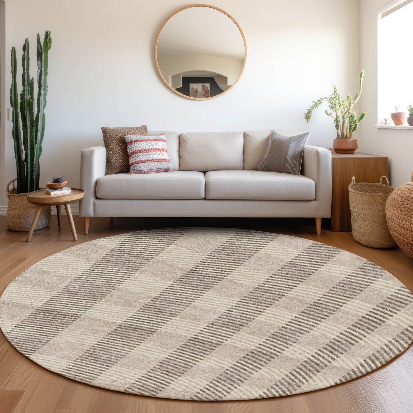Tabselect Home Line 8' Beige And Brown Round Plaid Washable Indoor Outdoor Area Rug