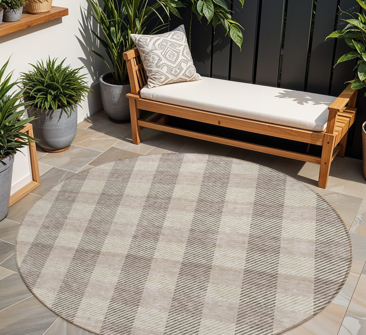 Tabselect Home Line 8' Beige And Brown Round Plaid Washable Indoor Outdoor Area Rug