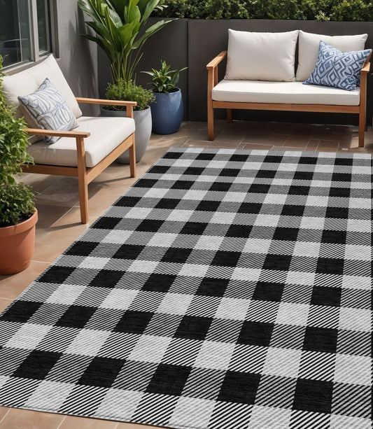 Tabselect Home Line 5' X 8' Black Gray And Ivory Plaid Washable Indoor Outdoor Area Rug
