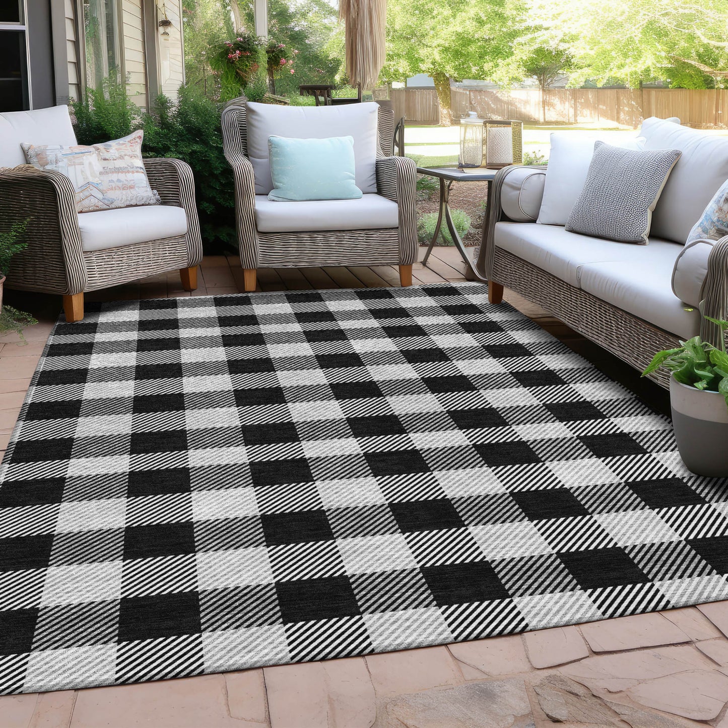 Tabselect Home Line 5' X 8' Black Gray And Ivory Plaid Washable Indoor Outdoor Area Rug