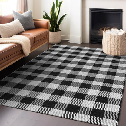 Tabselect Home Line 5' X 8' Black Gray And Ivory Plaid Washable Indoor Outdoor Area Rug