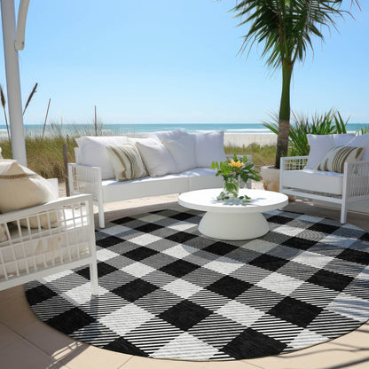 Tabselect Home Line 8' Black Gray And Ivory Round Plaid Washable Indoor Outdoor Area Rug